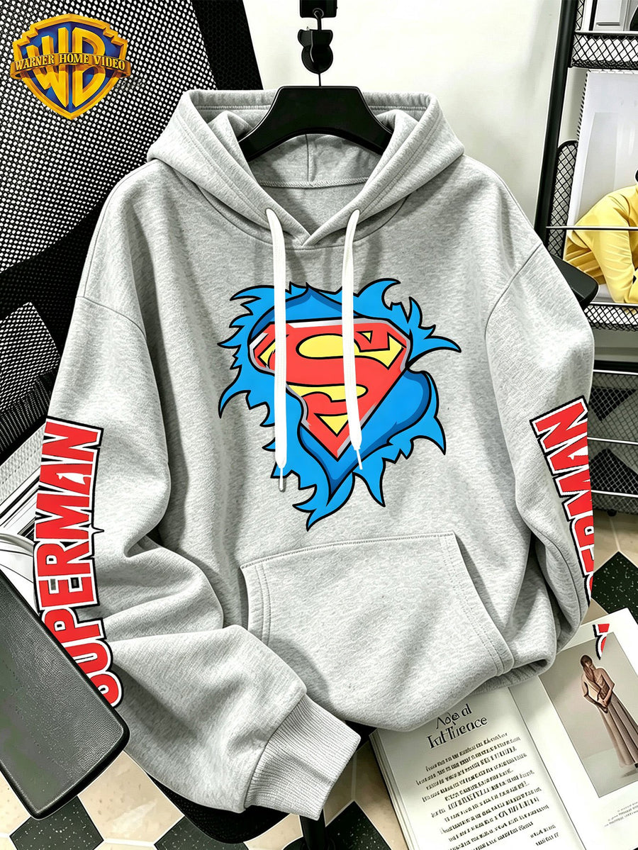 [Warner Bros] Licensed Men'S New Trendy Hoodie DC Superman Ripped Logo Print Casual Hooded Sweatshirt Everyday Drawstring Loose Pullover Machine Washable All-Match Sports Casual Men'S Top - Light Grey