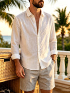 Vacation Style Men'S Summer Long Sleeve Shirt, Classic Lapel Single-Breasted Design, Multiple Basic Solid Colors Available, Suitable for Daily Commute And Beach Travel (Shirt) - White
