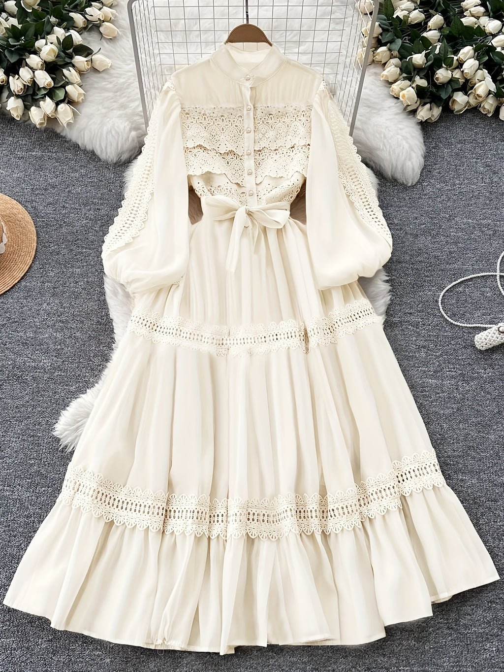 Fashion Retro Stand Collar Lace Ruffled Patchwork Dress Court Style Lantern Sleeve Cinched Waist Tie-Up Full Skirt Long Dress - Beige Color