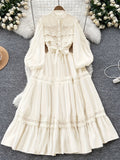 Fashion Retro Stand Collar Lace Ruffled Patchwork Dress Court Style Lantern Sleeve Cinched Waist Tie-Up Full Skirt Long Dress - Beige Color
