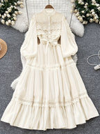 Fashion Retro Stand Collar Lace Ruffled Patchwork Dress Court Style Lantern Sleeve Cinched Waist Tie-Up Full Skirt Long Dress - Beige Color