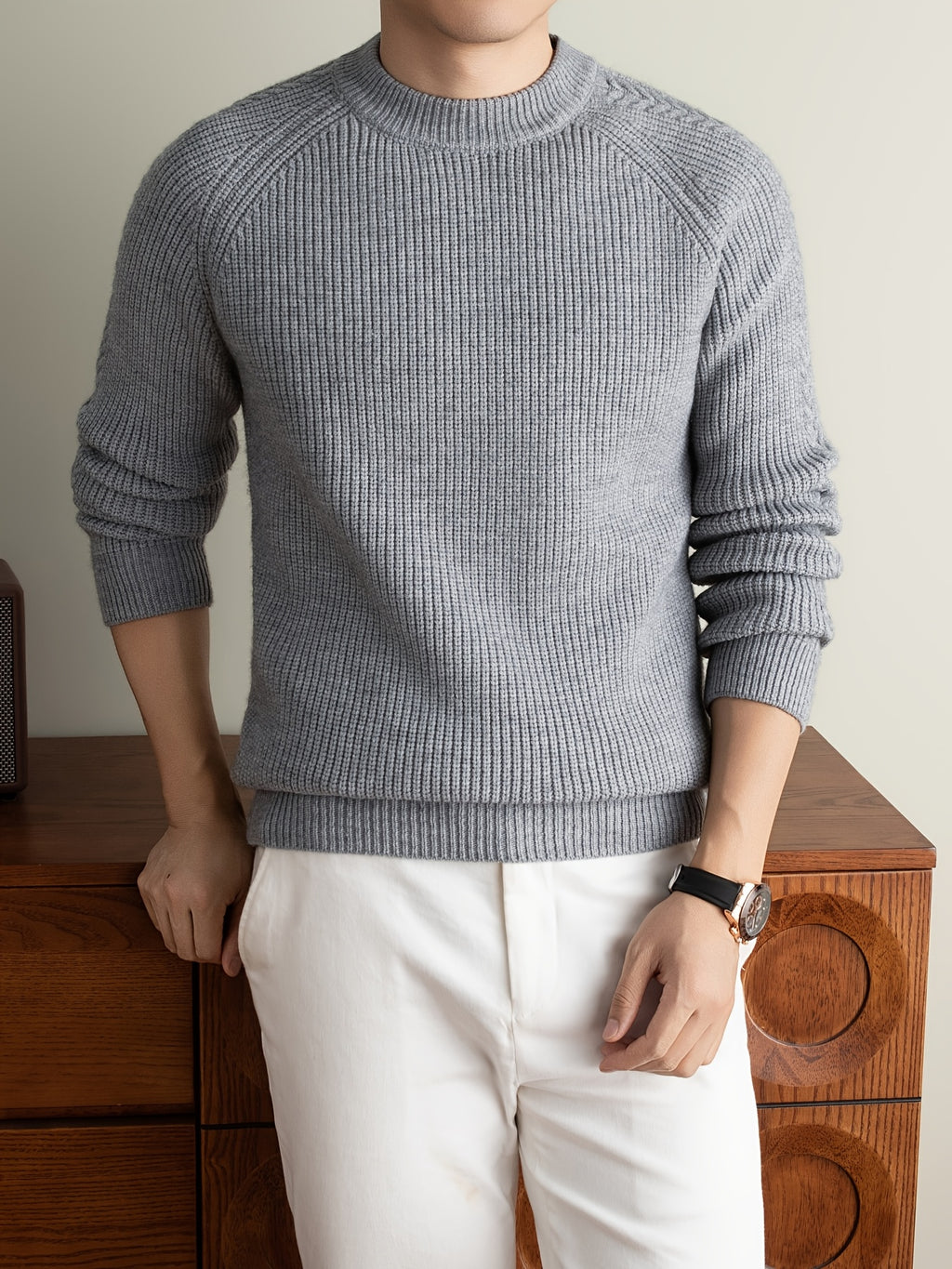 [Wading Whale OBM] 1pc Autumn/Winter New Thick Men'S Knit Pullover Sweater, Old Money Style Solid Checkered Ribbed Round Neck Long Sleeve Men'S Business Casual Fashion Sweater, Suitable for Spring, Autumn, Winter Layering Or Outerwear - Grey