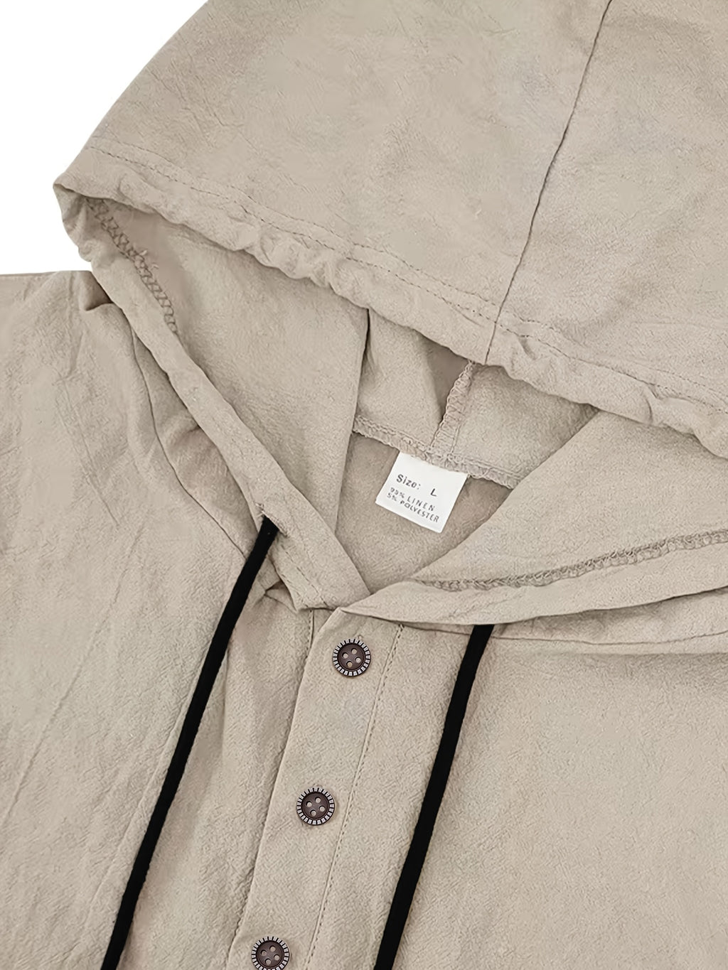 Men's Two-pc Linen Hooded Short-Sleeve Summer Solid Color Beach Vacation Loose Fit Casual Shirt - Khaki + Khaki