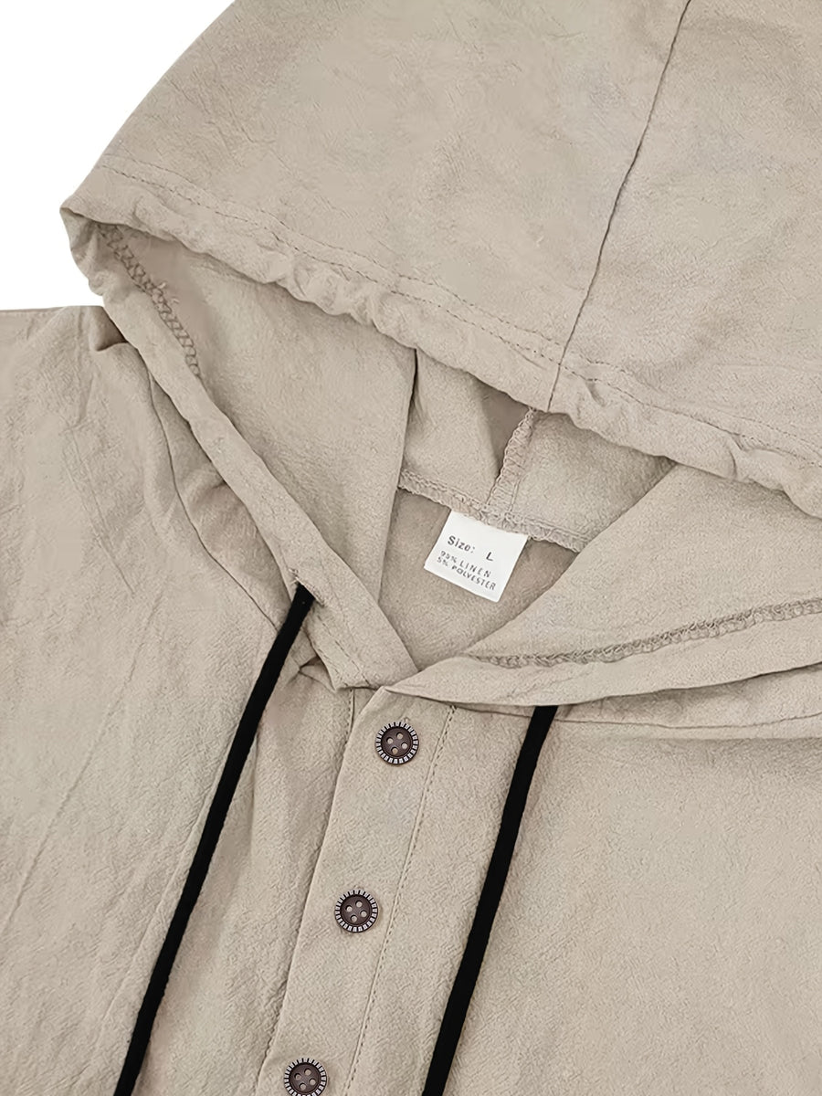 Men's Two-pc Linen Hooded Short-Sleeve Summer Solid Color Beach Vacation Loose Fit Casual Shirt - Khaki + Khaki