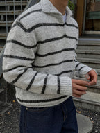 Contrast Color Basic Knit Shirt, Black and Gray Striped Lapel Men's Polo Sweater, Fashionable Casual Top, Suitable for Autumn/Winter - Black And Gray Stripes