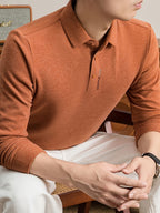 Men'S Lapel Long Sleeve Polo Shirt, Classic Small Lapel, 3-Button Placket, Business Commute And Casual Wear - SINBOS - Pumpkin Orange