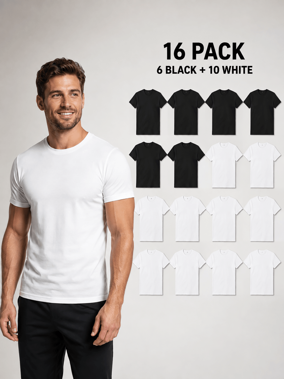 16pcs Men'S 100% Round-Neck Solid Color Short-Sleeve T-Shirts, Black And White, Soft And Breathable Basic Undershirts, Suitable for Daily Casual Wear, Sports, And Outdoor Wear - 6 Black, 10 White, 16-Piece Pack