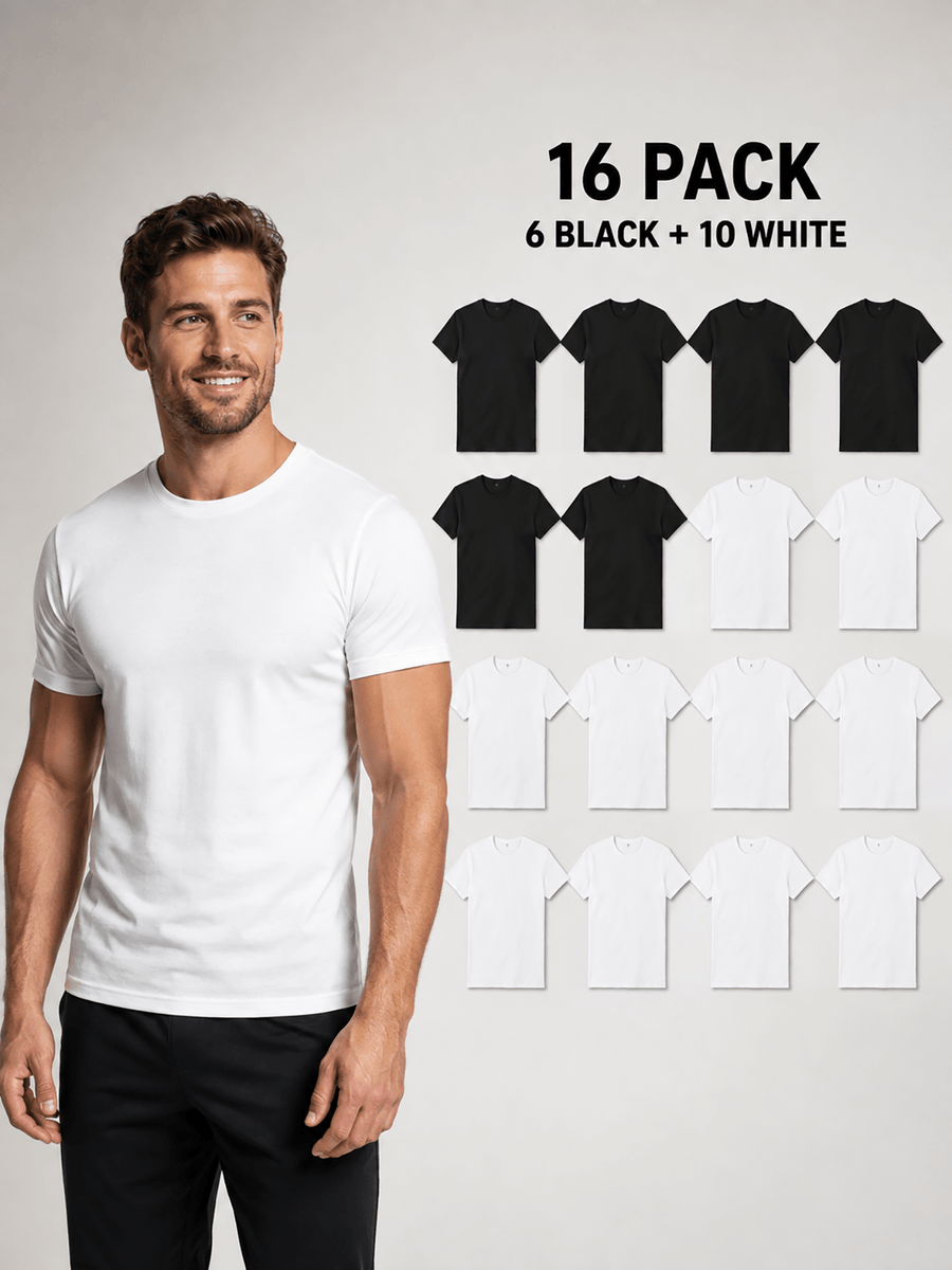 16pcs Men'S 100% Round-Neck Solid Color Short-Sleeve T-Shirts, Black And White, Soft And Breathable Basic Undershirts, Suitable for Daily Casual Wear, Sports, And Outdoor Wear - 6 Black, 10 White, 16-Piece Pack
