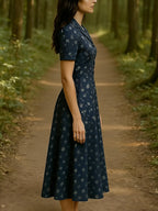 Talan Women's Dress: Spring/Summer Mid-Length Waist-Cinching Floral Print Lapel Dress with Elegant and Sophisticated Appeal - Navy Color