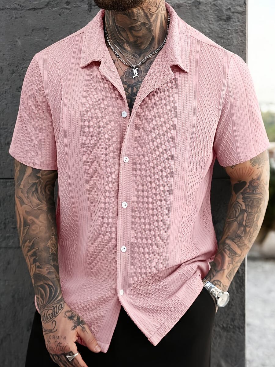 Men'S Solid Color Knitted Short Sleeve Shirt - Pink Color