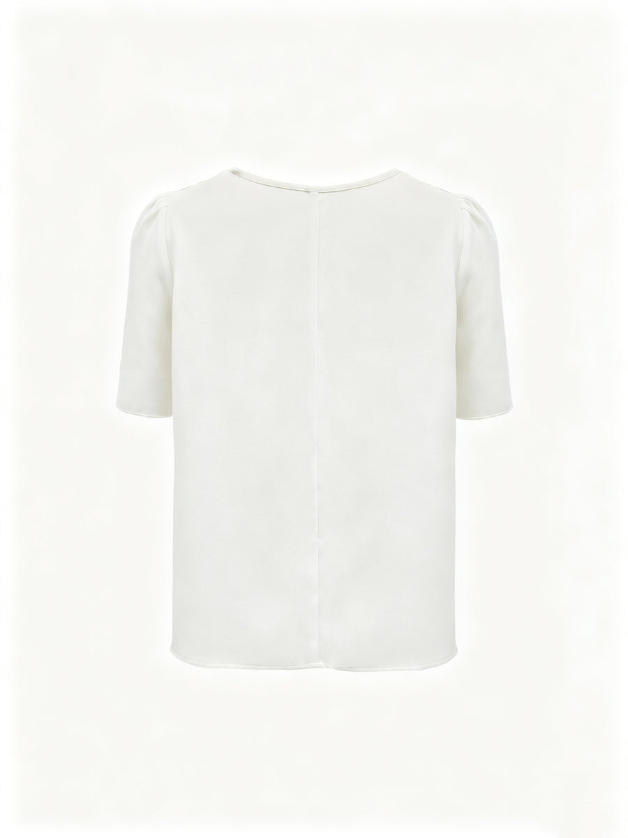 Women'S Summer New Arrival, Elegant Solid Color Puff Sleeve Patchwork Round Neck Blouse, Suitable for Office, Business Commute, Meetings, Casual Outings - White