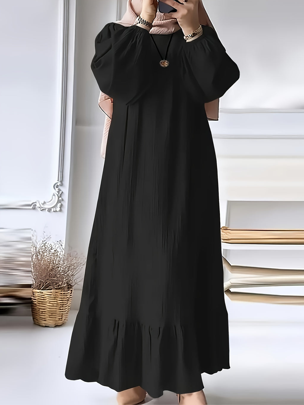 Solid Color Lantern Sleeve Round Neck Loose Hem Maxi Dress with Ruffle Trim - Black