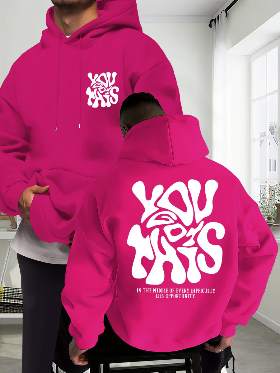 Men's New Trendy Autumn Winter Hoodie, Casual Daily Drawstring Creative Design Printed Sweatshirt with Front Kangaroo Pocket Unisex Top - Rose Red