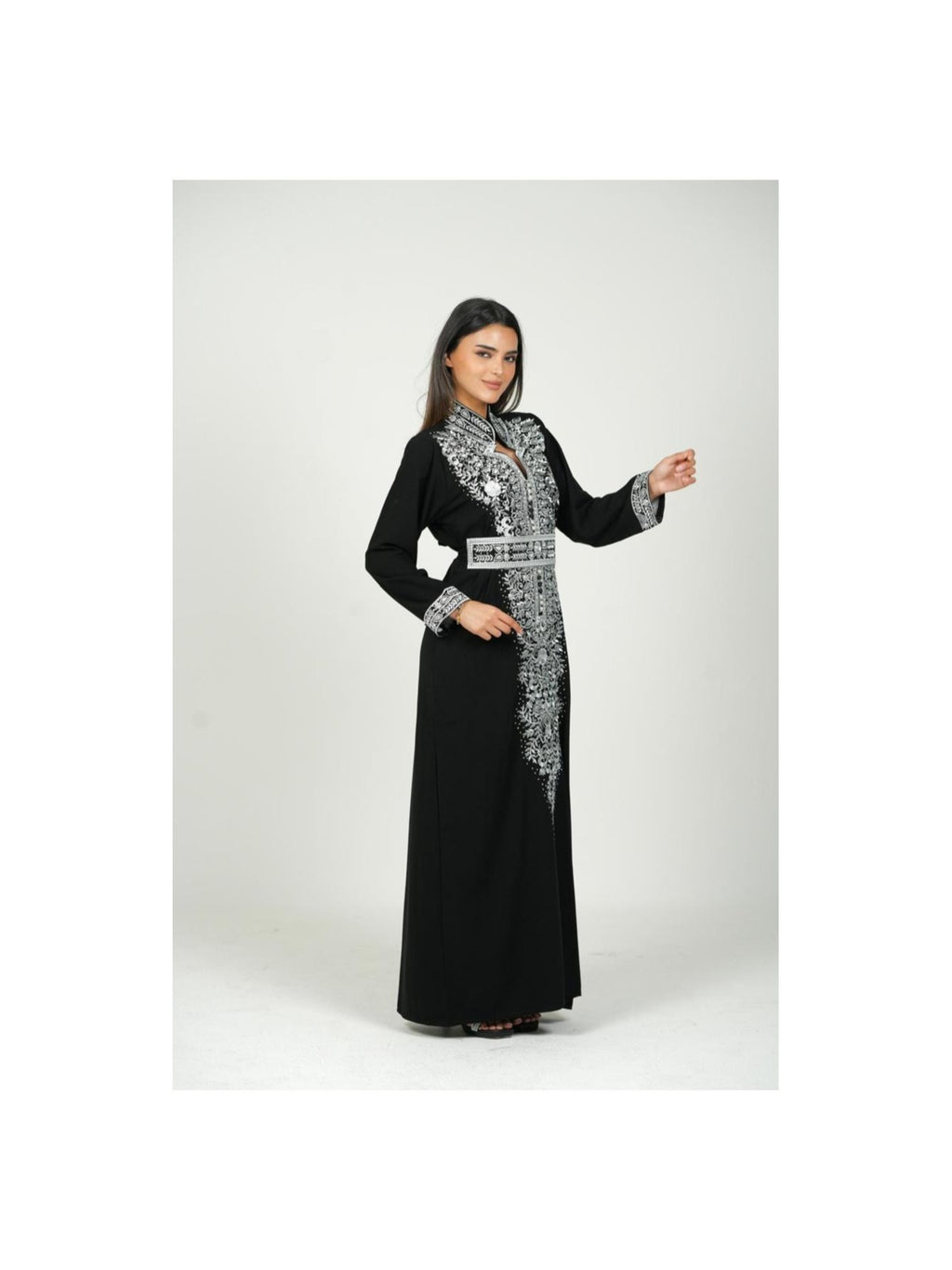 Women'S Belted Embroidered Jalabiya Dress - Abaya, a Women'S Jalabiya Dress Embroidered with a Belt Around The Waist. - Black