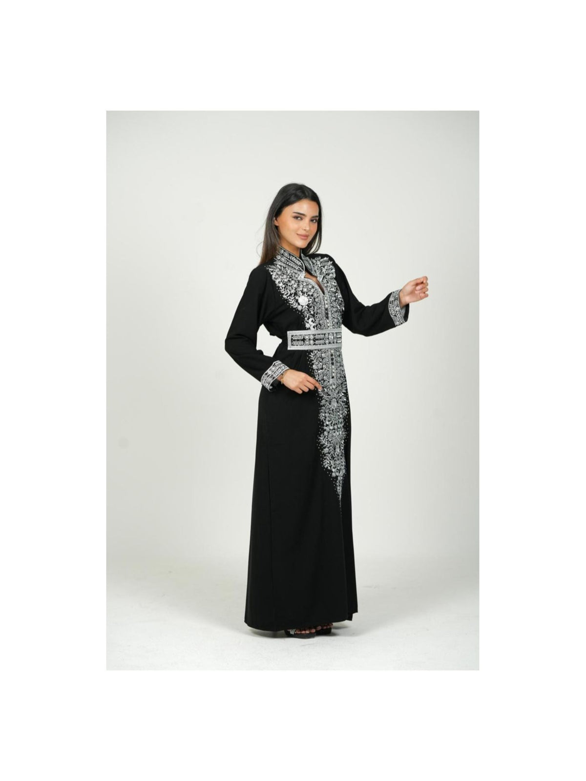 Women'S Belted Embroidered Jalabiya Dress - Abaya, a Women'S Jalabiya Dress Embroidered with a Belt Around The Waist. - Black