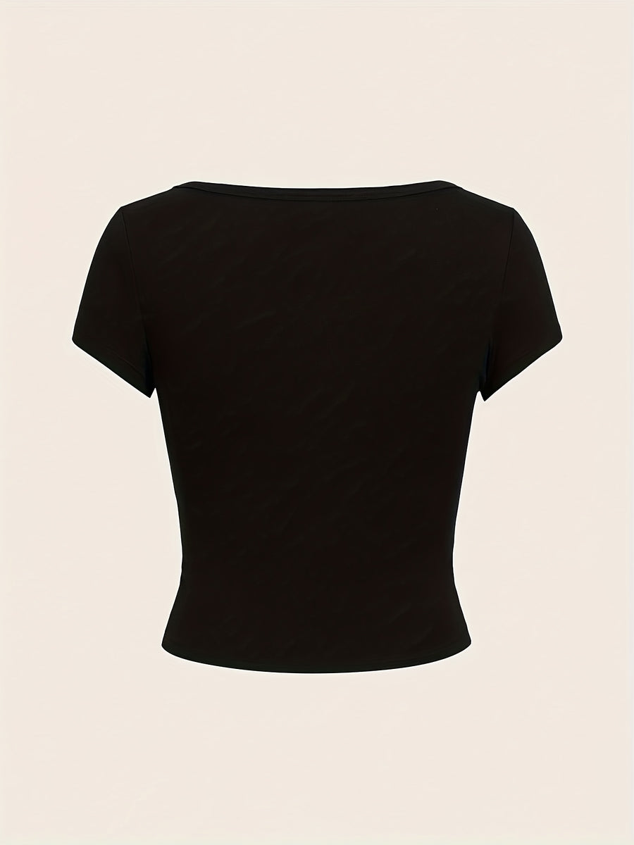Casual And Easy Style Solid Color Round Neck Cap Sleeve Slim-Fit Women'S T-Shirt, Suitable for Spring, Summer And Autumn - Black