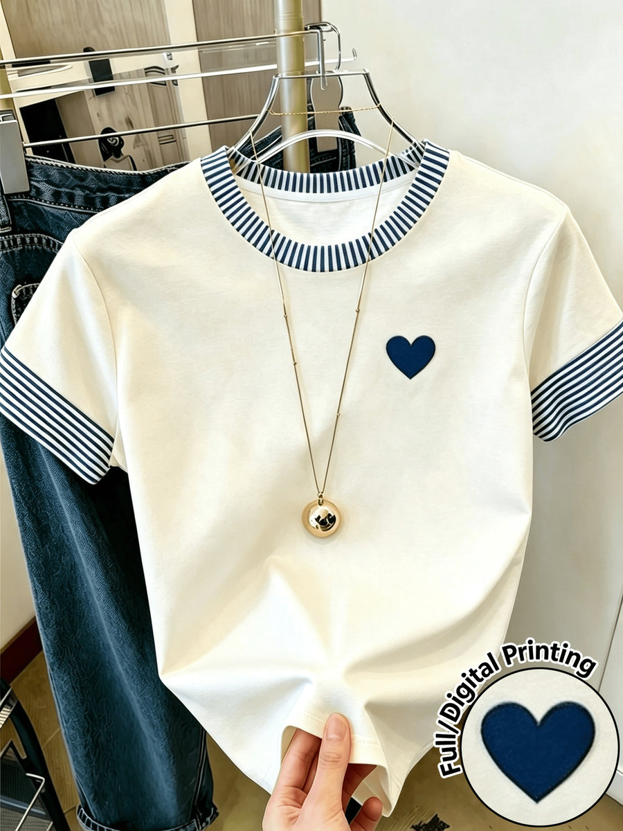 New Summer Women's T-Shirt, Round Neck Casual Apparel, Women's Pullover, Casual Commuter Wear, Daily Outing Base Layer, Simple Small Heart Pattern Print, Energetic and Lively, Streetwear, Outing Outfit, Basic Versatile Piece, As a Gift - Milky