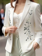 Women White Notched Lapel Blazer Elegant Floral Embroidery Slim Suit Jacket Elegant White Tailored Blazer Green Leaf Butterfly Embroidery Single Button Outerwear Vintage Floral Butterfly Embroidery White Blazer Ladies Formal Office Suit Jacket - White