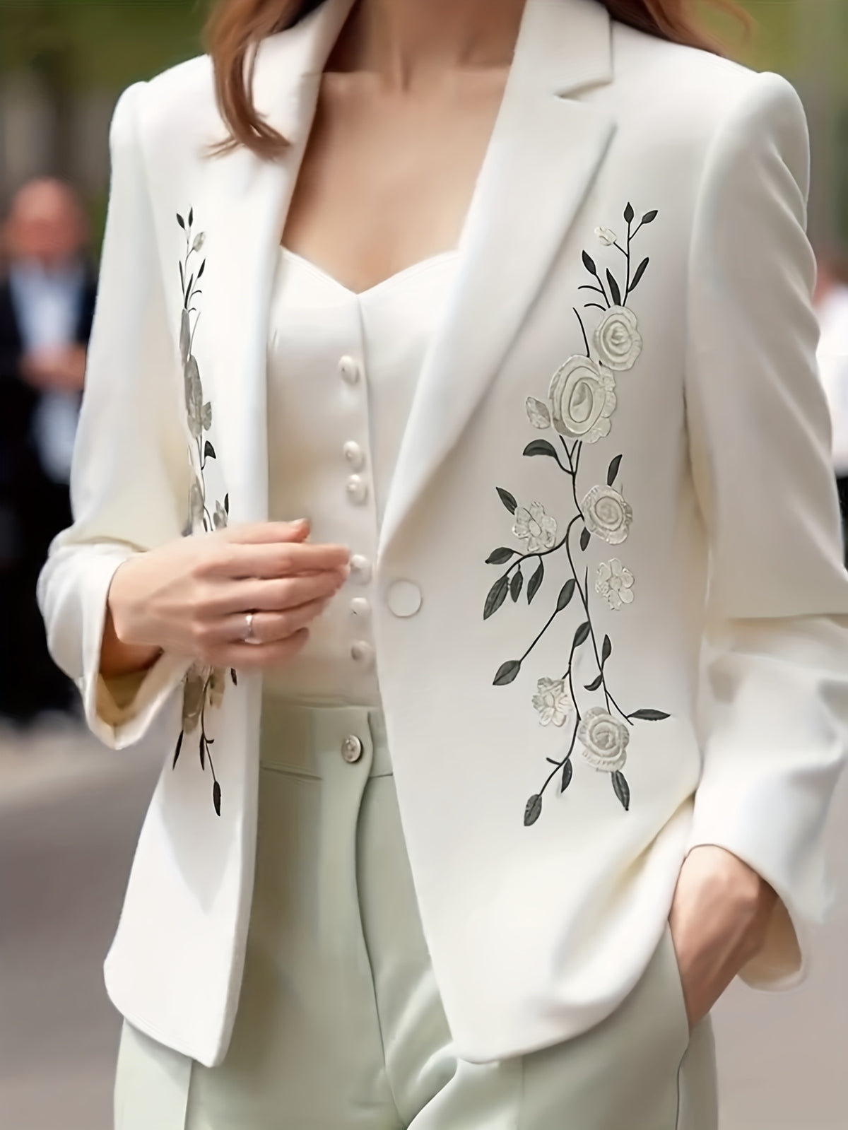 Women White Notched Lapel Blazer Elegant Floral Embroidery Slim Suit Jacket Elegant White Tailored Blazer Green Leaf Butterfly Embroidery Single Button Outerwear Vintage Floral Butterfly Embroidery White Blazer Ladies Formal Office Suit Jacket - White