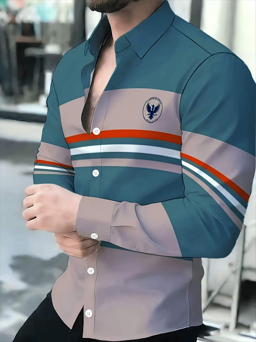 Men'S Color-Block Striped Long Sleeve Shirt, Casual Patchwork Design Fashion Men'S Top - Mixed colors