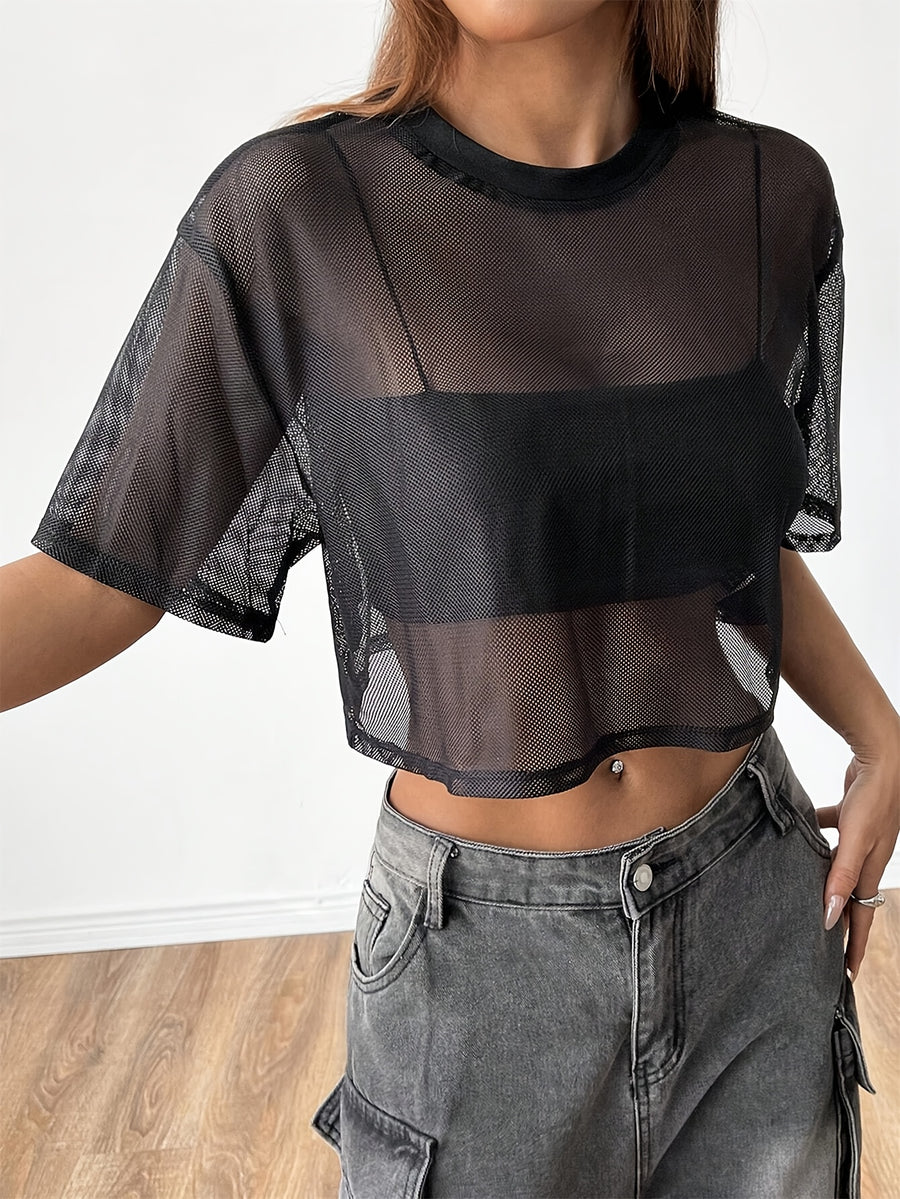 European and American Fashion Digital Short Spliced Sports Round Neck Solid Color T-Shirt Top - Black