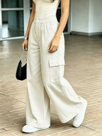 Women's High-Waisted Wide-Leg Cargo Pants with Multi-Pocket Patchwork Design - Soft Floor-Length Trousers, Loose Straight-Leg Pants Suitable for - Wear, Machine Washable for Outdoor, Travel & Everyday Use - Ivory White