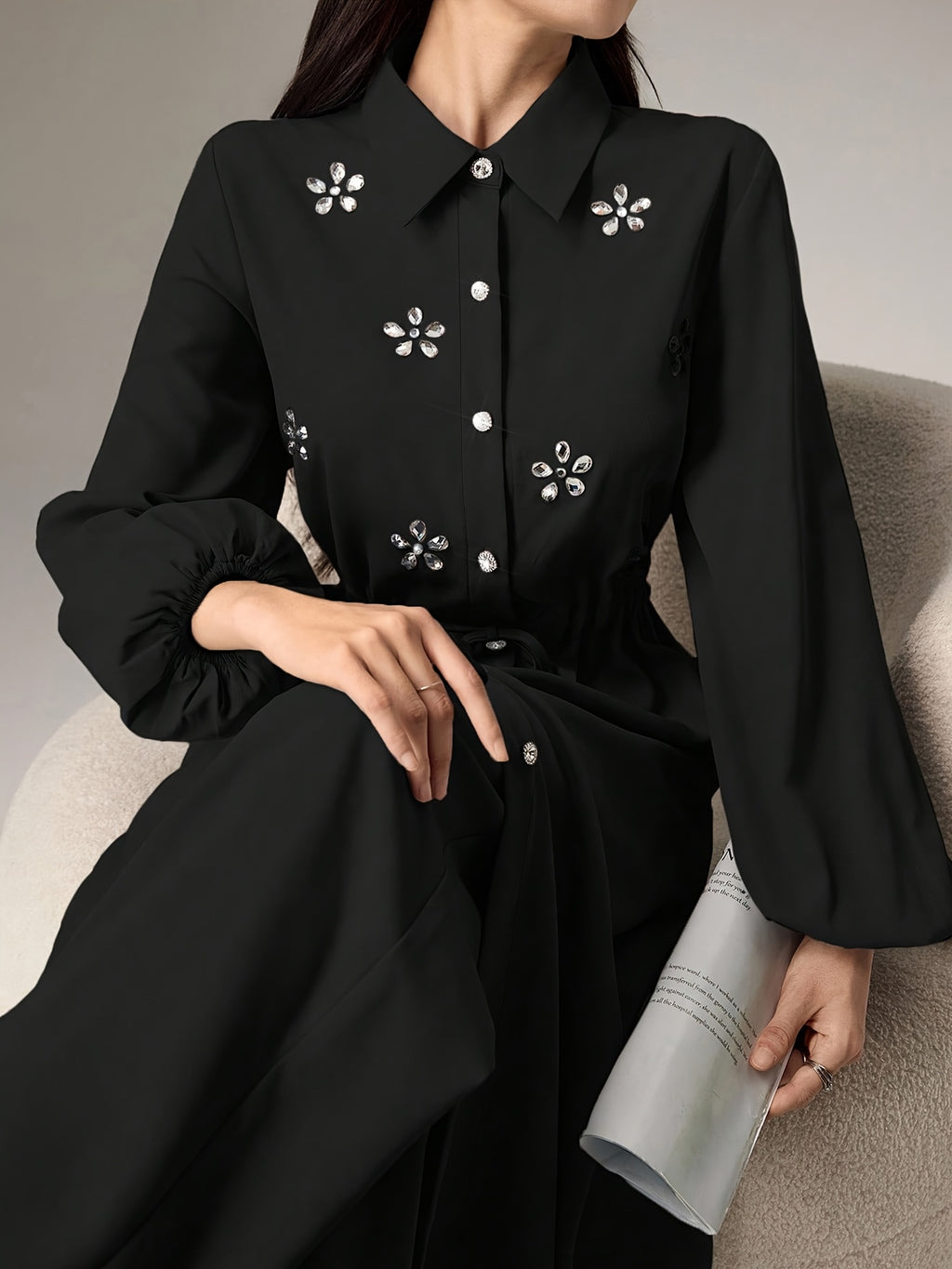 [2pcs Set] Elegant Temperament Solid Color Top And Bottom Set, Rhinestone Long Shirt Cardigan And Solid Elastic Waist Loose Straight Long Pants, Waist-Cinching Temperament Set, Suitable for Business Casual, Workwear, Daily Wear - Black