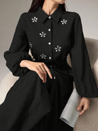 [2pcs Set] Elegant Temperament Solid Color Top And Bottom Set, Rhinestone Long Shirt Cardigan And Solid Elastic Waist Loose Straight Long Pants, Waist-Cinching Temperament Set, Suitable for Business Casual, Workwear, Daily Wear - Black