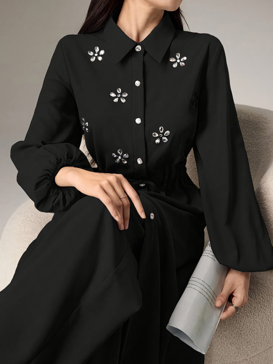 [2pcs Set] Elegant Temperament Solid Color Top And Bottom Set, Rhinestone Long Shirt Cardigan And Solid Elastic Waist Loose Straight Long Pants, Waist-Cinching Temperament Set, Suitable for Business Casual, Workwear, Daily Wear - Black
