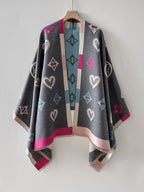 Plus Size - Reversible Contrast Heart Diamond Shawl Valentine'S Day Sweet Cool Style Western Date And Party Warm Outerwear Daily Casual And Fashionable - Magenta