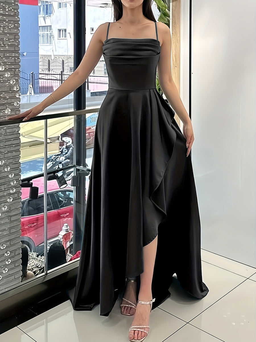 Elegant Women's Green Satin Spaghetti Strap Wrap Neckline Ruffle Hem Back Tie Slit Dress for Banquets, Parties, Weddings, and Bridesmaid Attire - Black