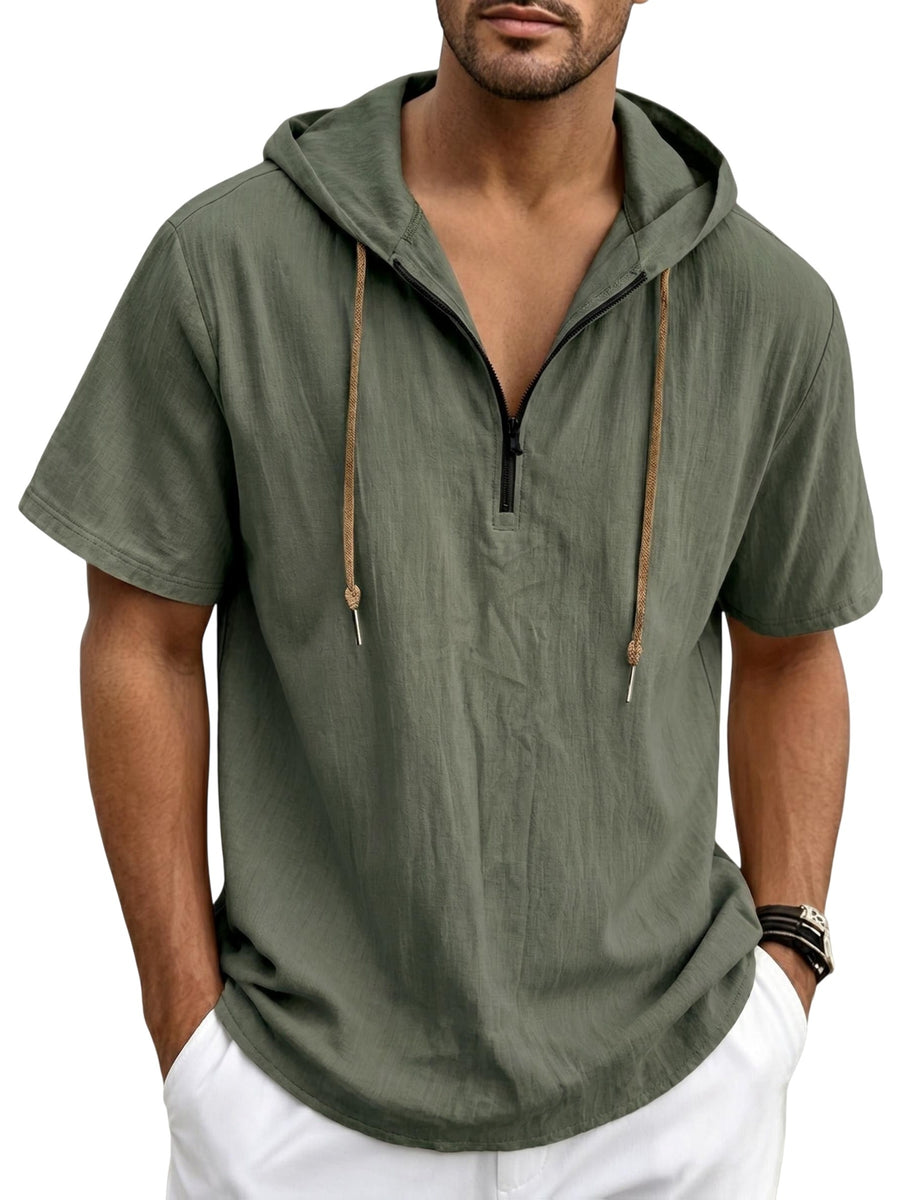 Men's Breathable Half-Zip Hooded Short-Sleeve T-Shirt - Loose-Fit Linen Summer Top with Zipper Collar, Solid Color Casual Beachwear Suitable for Vacation, Outdoor & Casual Attire, Machine Washable Linen Shirt - Olive Green