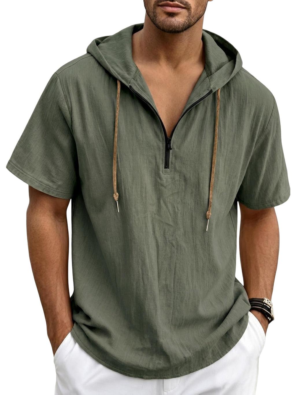 Men's Breathable Half-Zip Hooded Short-Sleeve T-Shirt - Loose-Fit Linen Summer Top with Zipper Collar, Solid Color Casual Beachwear Suitable for Vacation, Outdoor & Casual Attire, Machine Washable Linen Shirt - Olive Green