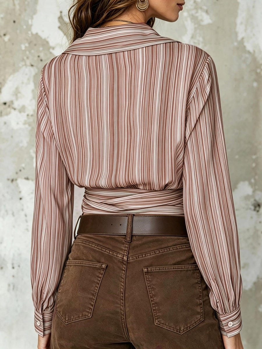 Vintage Striped Chiffon Shirt with One-sided Tie Detail - Fuchsia