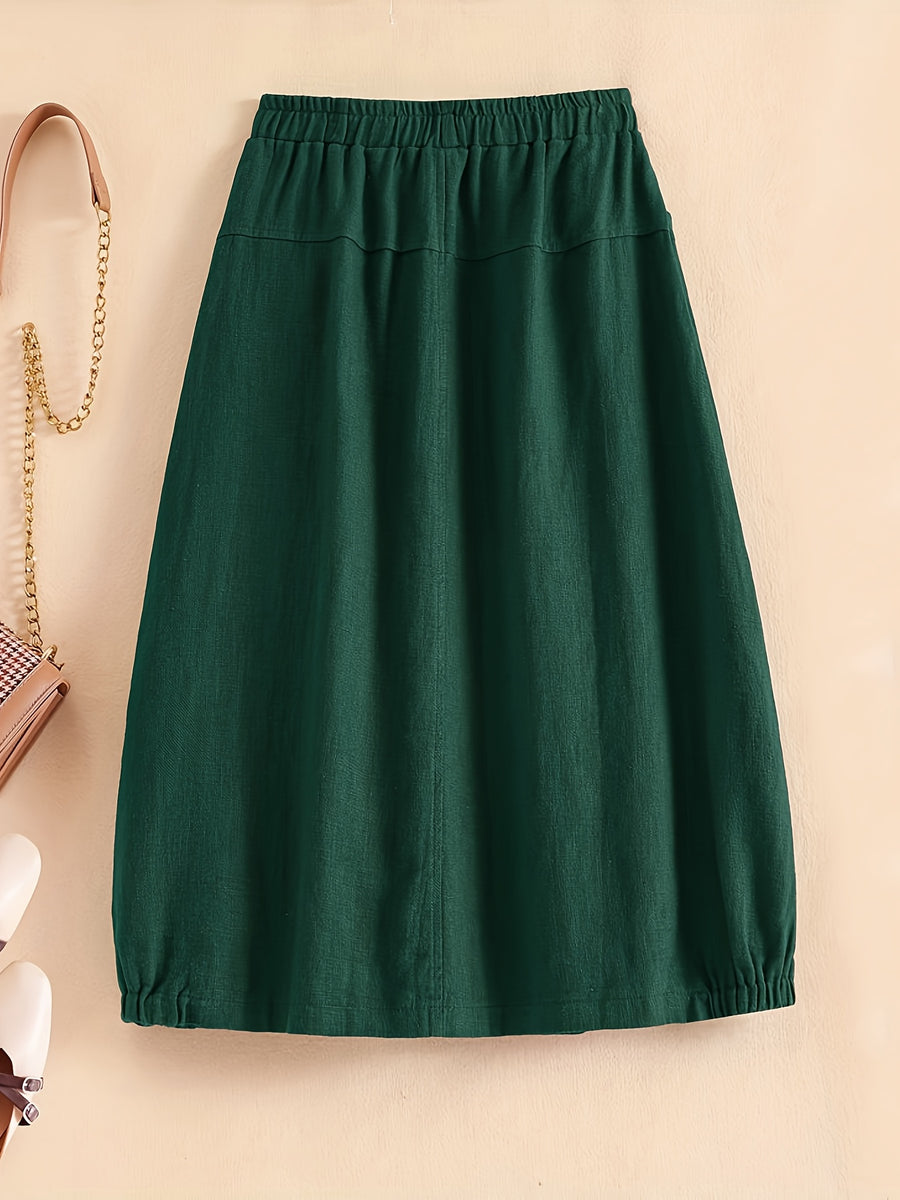New Spring Summer Autumn Thin Korean Style Linen Loose Half Skirt with Pockets, Elastic Waist Linen Dress, Mid-Length Lantern Hem Women'S Skirt - Dark Green