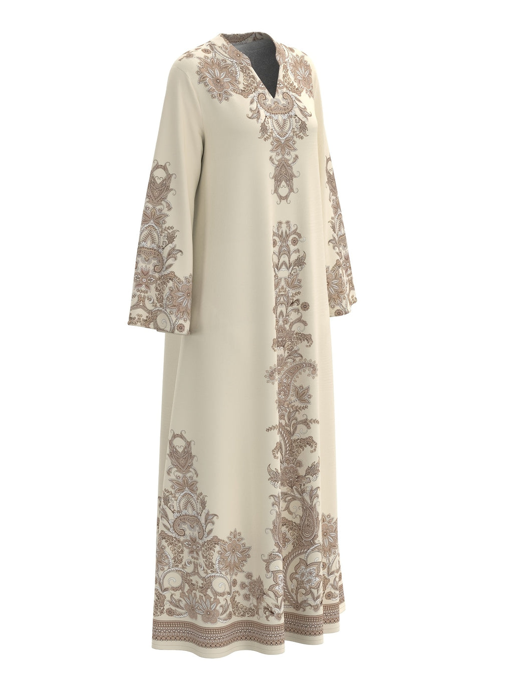 Middle Eastern Abaya Robe, Traditional Attire, Long-sleeve Dress, V-neck, Print, Loose Stand-up Collar - Multicolor