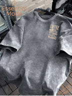 American High Street COFFEE Coffee Bean Cafe Themed Letter Print Distressed Washed Short-Sleeve T-Shirt - Loose Fit Casual American Vintage Style Men's Washed T-Shirt Casual Top - Light Gray 1