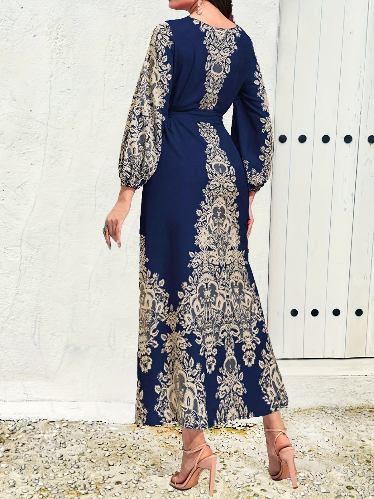 Vintage Graphic Print Belted Dress, Elegant Crew Neck Lantern Sleeve Dress For Spring & Fall, Women's Clothing - Navy Color
