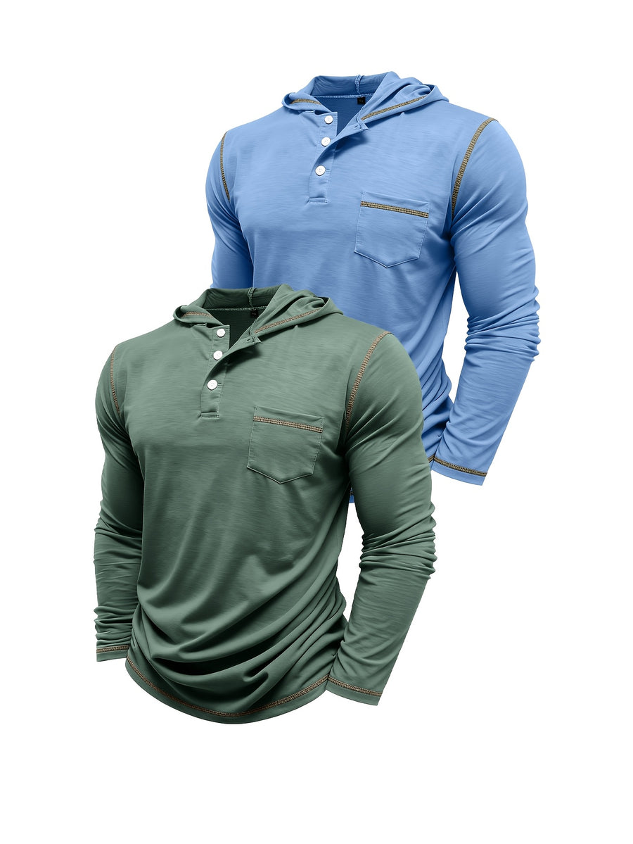 Autumn Men's Hooded Long Sleeved T-shirt Men's Henry Shirt Sunscreen and Shading Keep Warm and Cool Essential for Autumn and Winter 2pcs Set for - Light Blue With Green