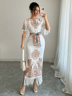 Western Elegant Holiday Vacation Party Paisley Pattern Print Fringed Hem And Cuffs Belted Waist Side Slit Round Neck Bodycon Midi Dress - Multicolor