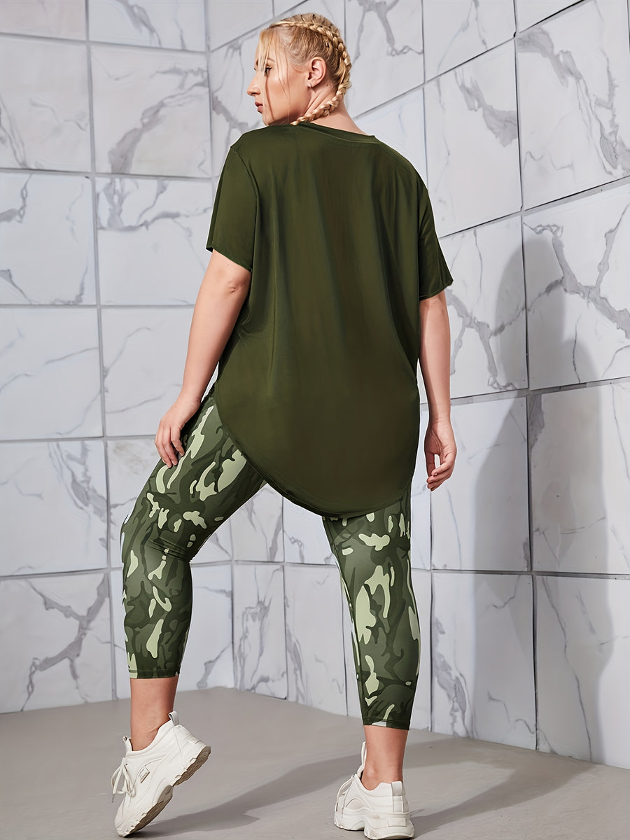 2pcs Plus Size Women's Spring/Summer Casual Sportswear Set: High-Waisted Printed Capri Pants + Loose Solid Color Short Sleeve T-Shirt for Outdoor/Indoor Fitness, Running, Yoga - Olive Green
