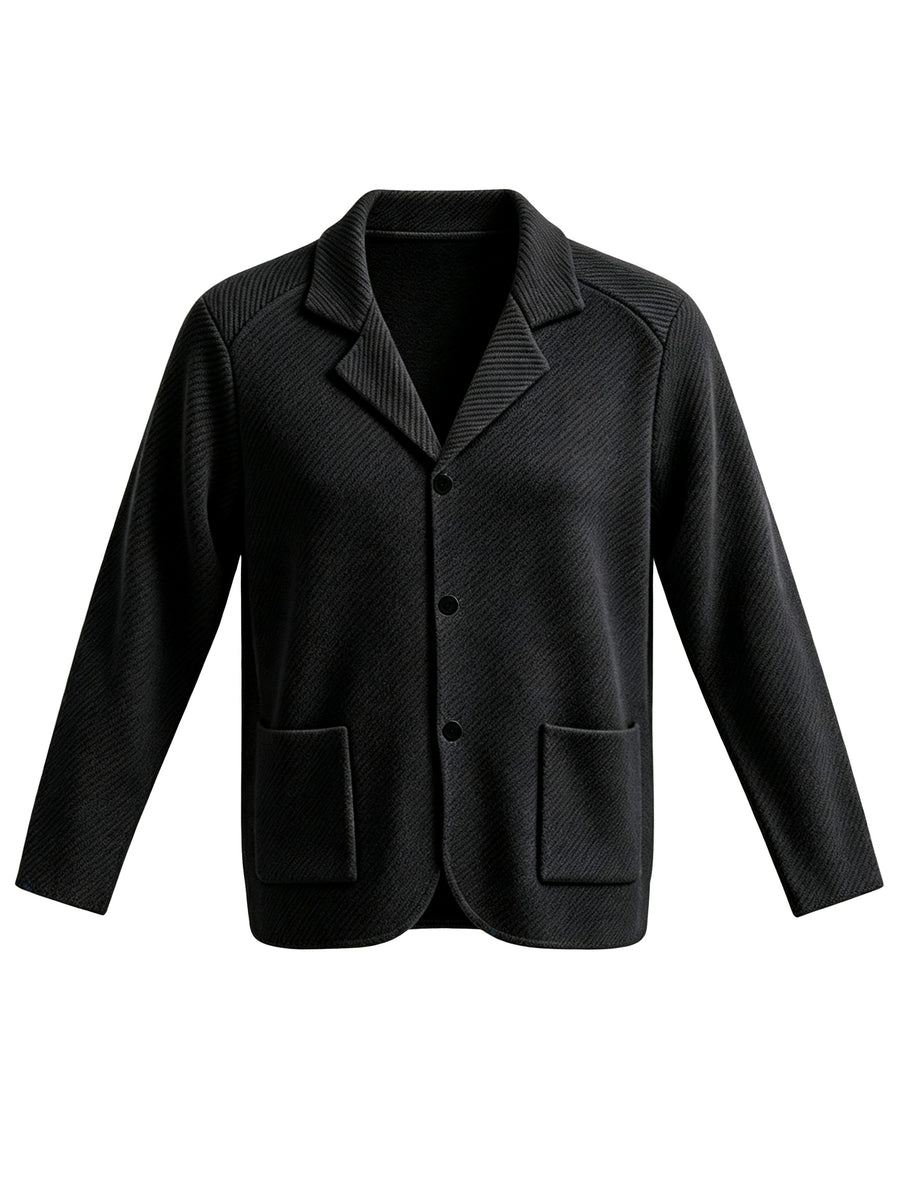 Men'S Spring Autumn New Pinstripe Textured Fabric Blazer Collar Cardigan Single Button Double Pocket Business Casual All-Match Long Sleeve Jacket, Knit Soft Comfortable Fashion Solid Color Outerwear Suitable for Daily Outings, Dates, Holidays - Black