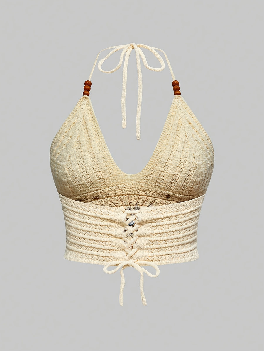 New Women'S Ethnic Style Textured Brocade Embroidery Design Halter Neck Vest - Apricot