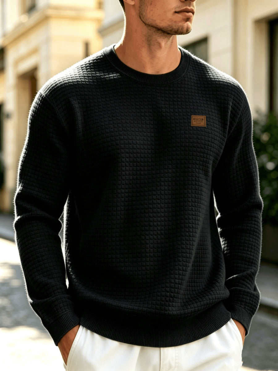 Men'S Knit Round Neck Solid Small Checkered Pullover Sweatshirt, Casual Easy Fashion Trendy Square Premium Men'S Clothing - Black