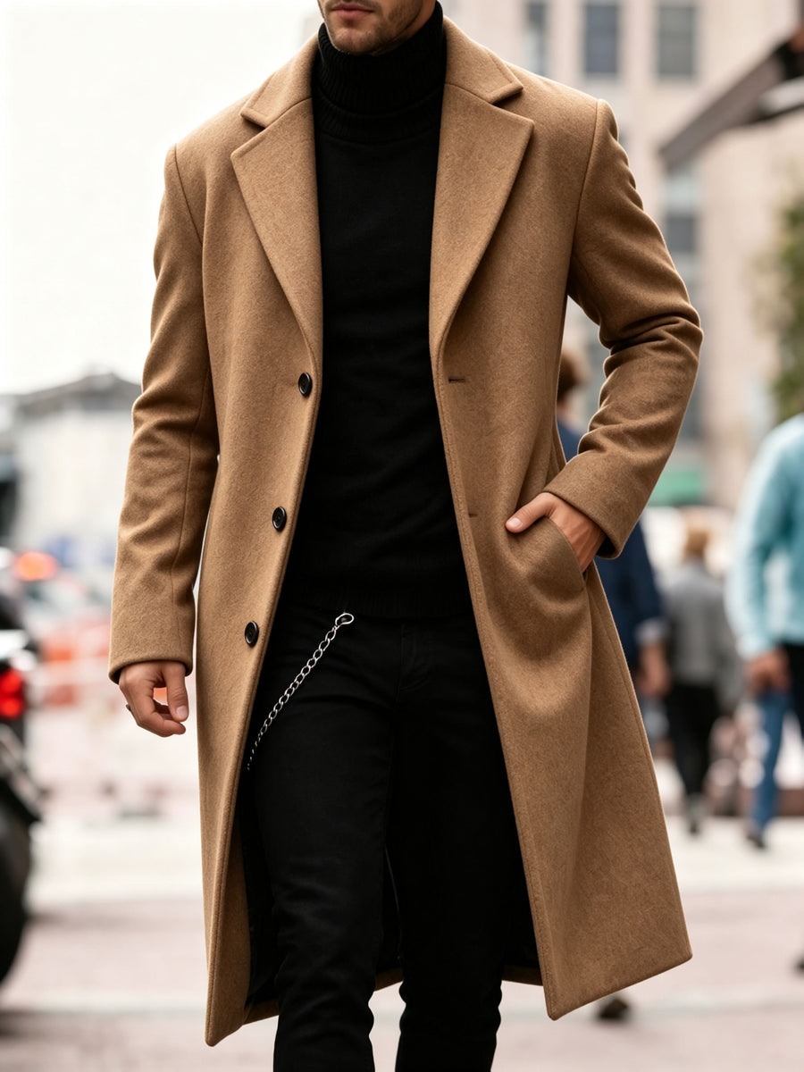 Men's Long Tweed Overcoat, European and American Style Suit Lapel Single-Breasted Slim Fit Blend Coat, Autumn/Winter Windproof and Warm Business Men's Wear, Multiple Colors Available, 100% Polyester - Khaki