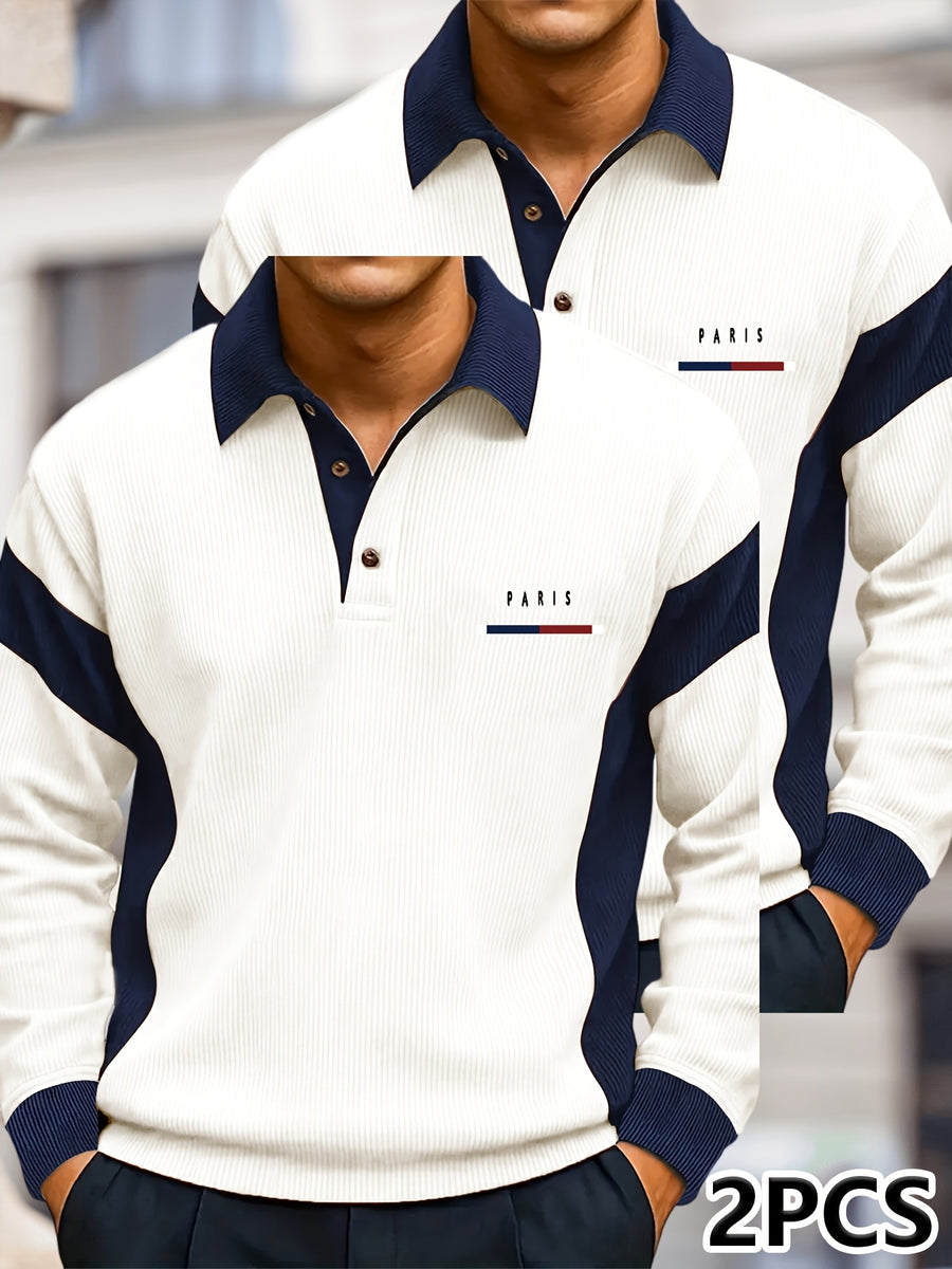 Men's Color-Block Spliced Long-Sleeve Polo Shirt Two-pc, Vertical Stripe Texture, Letter Print Lapel Top, Spring/Autumn Business Casual Versatile 2pcs Men's Sweatshirt Set - White+White