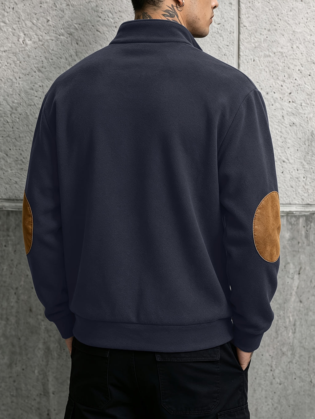 Men's Vintage Sport Stand Collar Half-Zip Sweatshirt with Contrast Color Elbow Patches and Kangaroo Pocket, Top - Navy Color