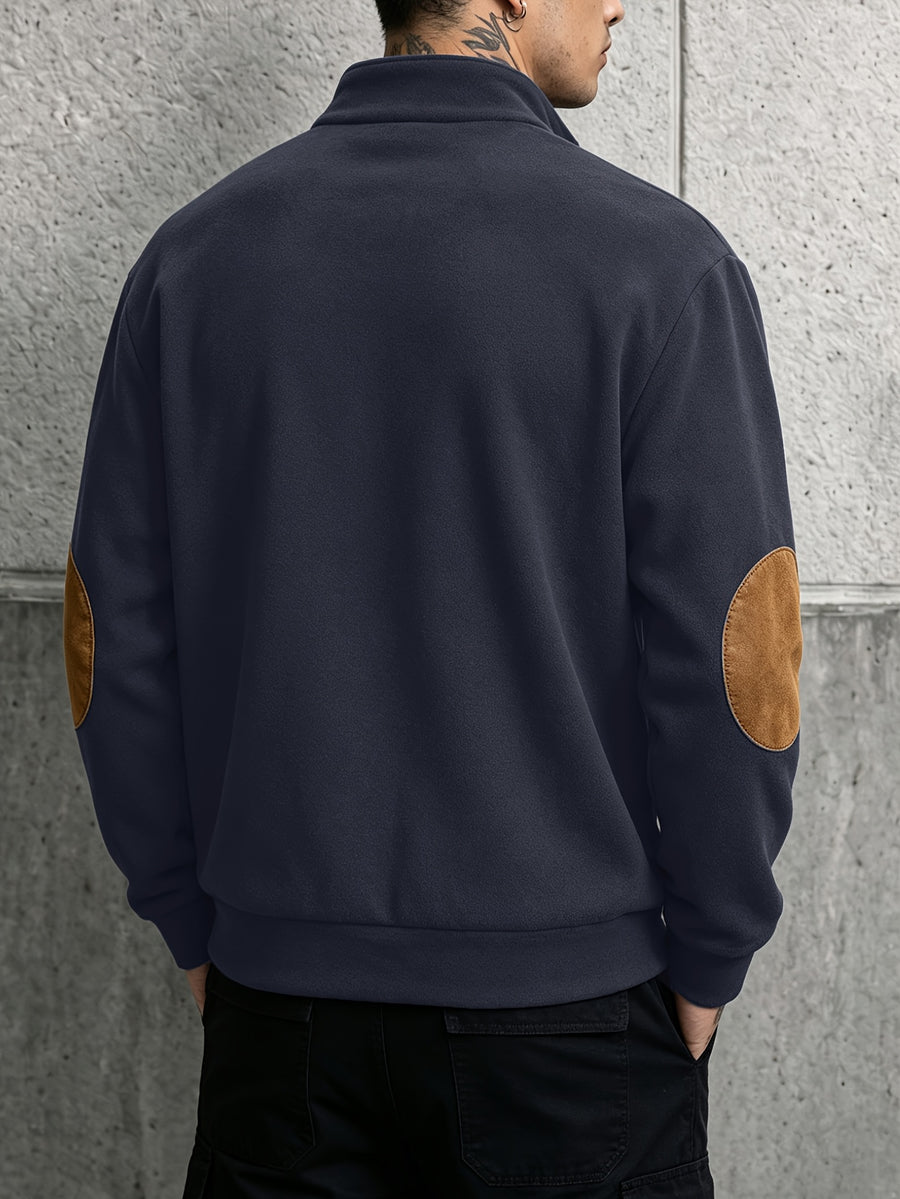 Men's Vintage Sport Stand Collar Half-Zip Sweatshirt with Contrast Color Elbow Patches and Kangaroo Pocket, Top - Navy Color