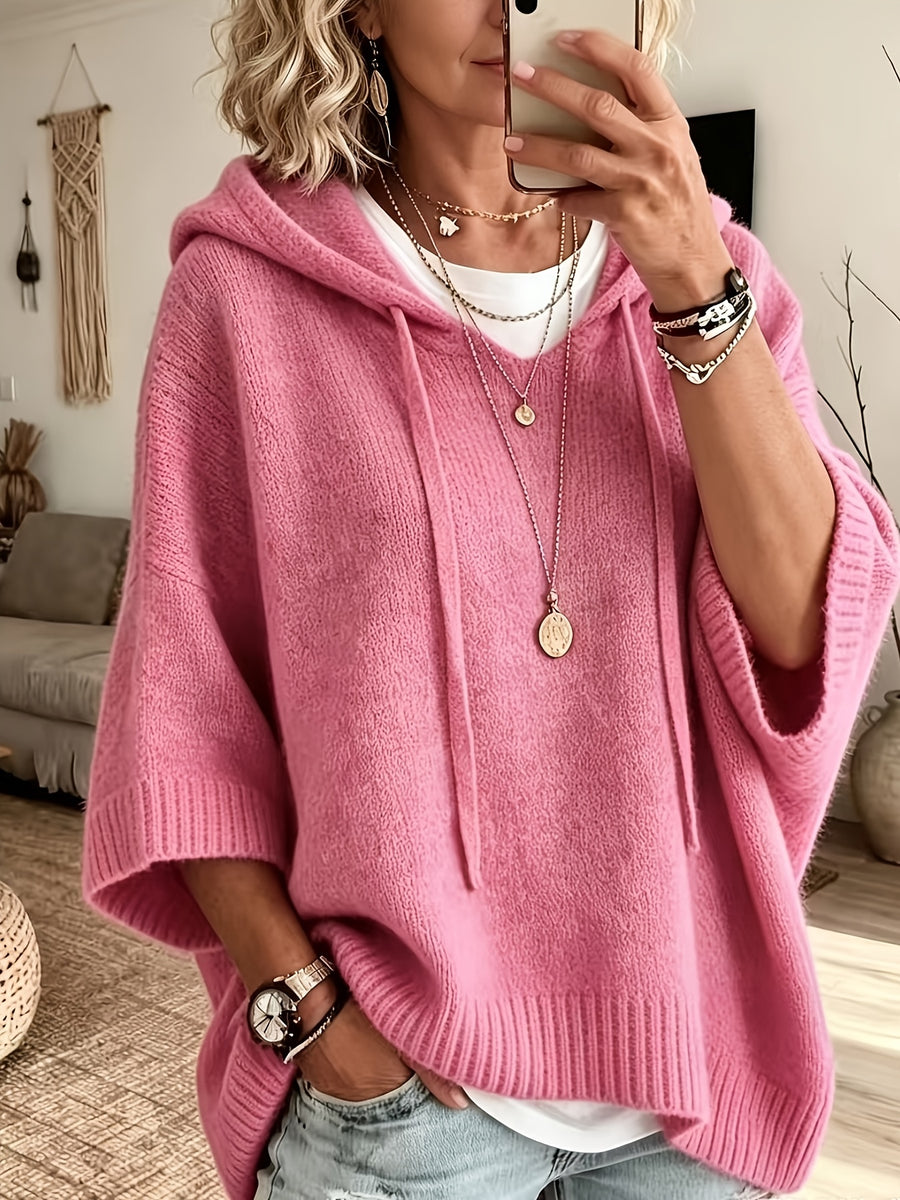 Women's Elegant Casual Three-Quarter Sleeve Drawstring Hooded Sweatshirt - Peach