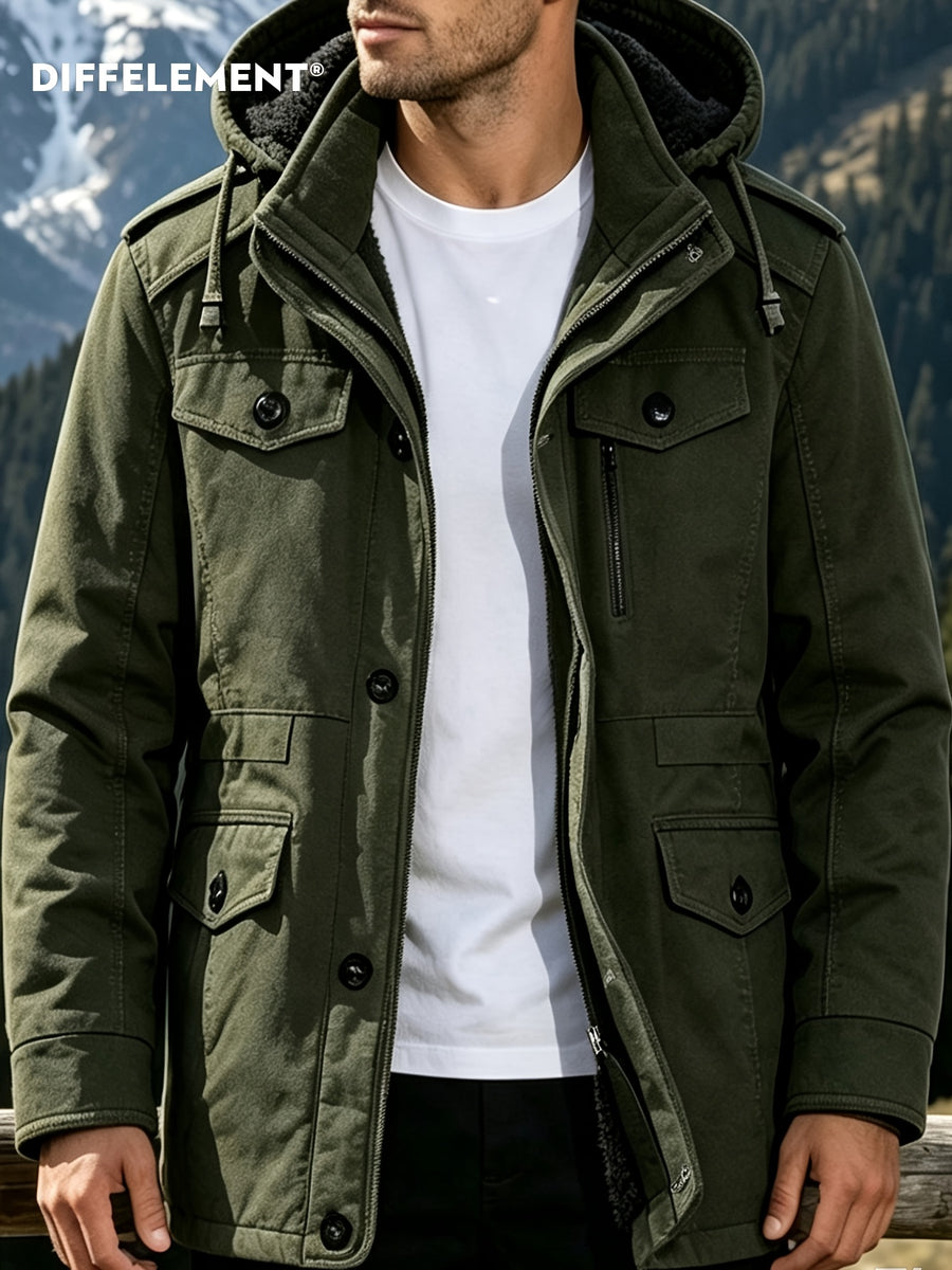 DIFFELEMENT Outdoor Hardcore Men's Workwear Style Mid-Length Hooded Parka Coat, Windproof Hood with Fleece-Lined Thickened Lamb's Interior, Double-Breasted Placket with Buttons, Multiple Pockets, Cold-Resistant, Wear-Resistant, Wrinkle-Resistant - fern green